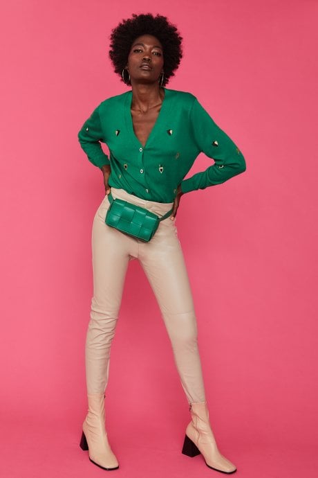 JAYLEY Green Cashmere & Banana Peel Cardigan With Heart Design