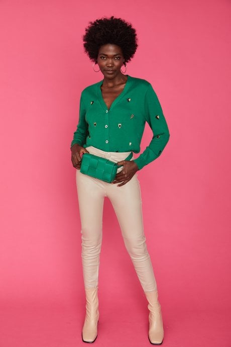 JAYLEY Green Cashmere & Banana Peel Cardigan with Heart Design