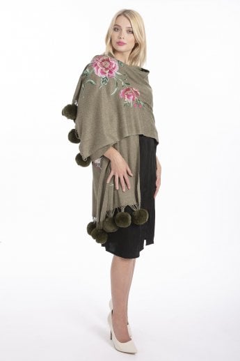 JAYLEY Green Cashmere Blend Embroidery Wrap
