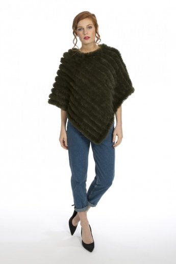JAYLEY Green Cashmere Blend Faux Fur Poncho
