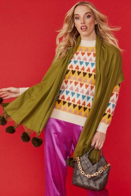 JAYLEY Green Cashmere Blend Wrap With Faux Fur Heart Poms