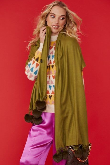 JAYLEY Green Cashmere Blend Wrap With Faux Fur Heart Poms
