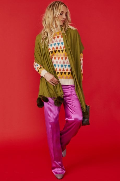 JAYLEY Green Cashmere Blend Wrap with Faux Fur Heart Poms