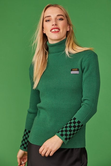 JAYLEY Green Check Cashmere Turtleneck Jumper
