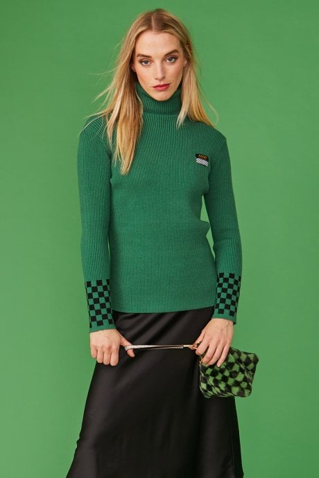 JAYLEY Green Check Cashmere Turtleneck Jumper
