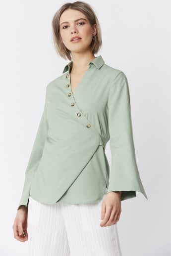 JAYLEY Green Cotton Blend Wrap Top
