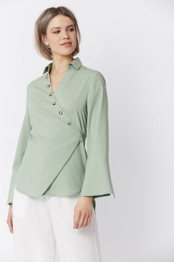 JAYLEY Green Cotton Blend Wrap Top