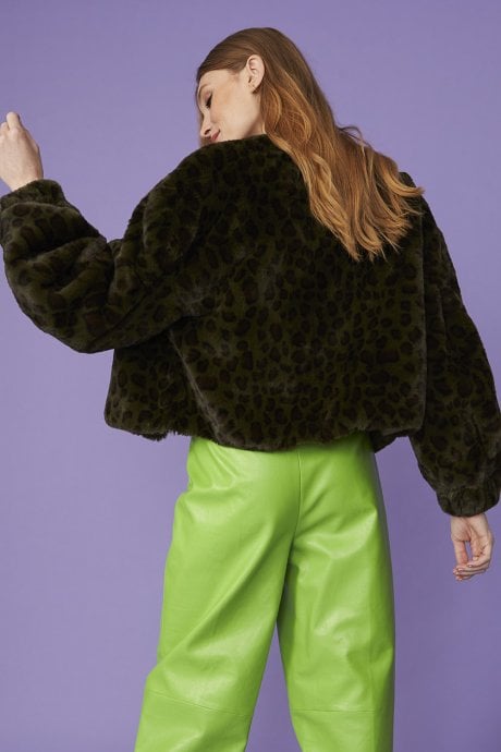 JAYLEY Green Cropped Faux Fur Jacket