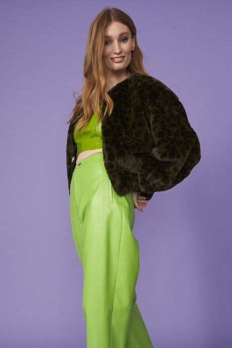 JAYLEY Green Cropped Faux Fur Jacket
