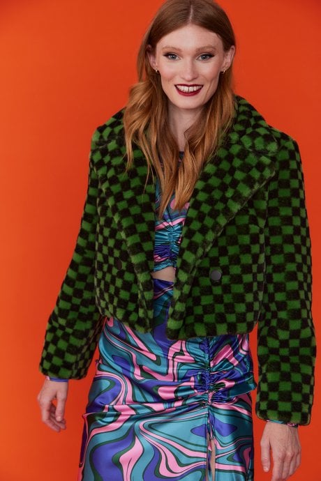 JAYLEY Green Cropped Faux Fur Jacket