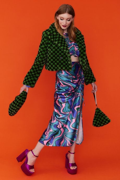 JAYLEY Green Cropped Faux Fur Jacket