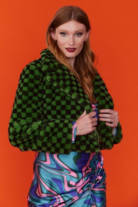 JAYLEY Green Cropped Faux Fur Jacket