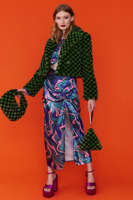 JAYLEY Green Cropped Faux Fur Jacket