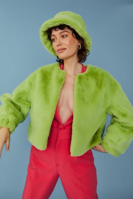 JAYLEY Green Cropped Faux Fur Jacket