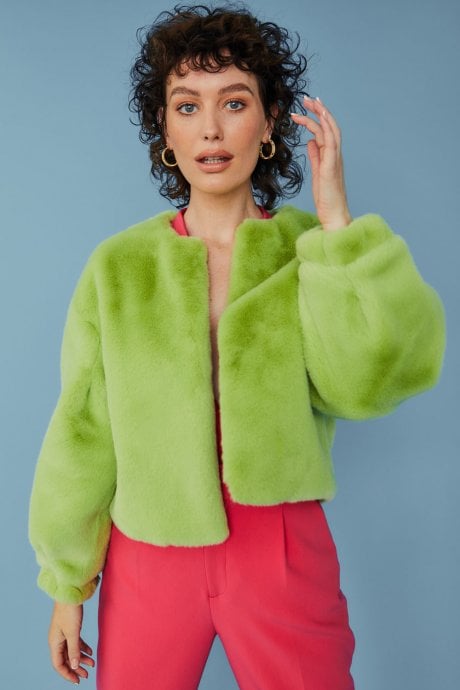 JAYLEY Green Cropped Faux Fur Jacket