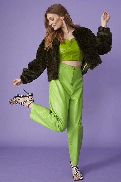 JAYLEY Green Cropped Faux Fur Jacket