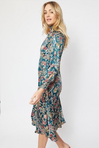 JAYLEY Green Duchess Silk Blend Midi Dress In Floral Print