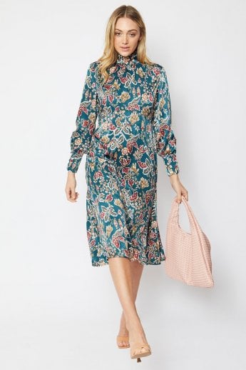 JAYLEY Green Duchess Silk Blend Midi Dress In Floral Print