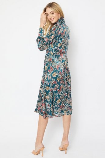 JAYLEY Green Duchess Silk Blend Midi Dress In Floral Print