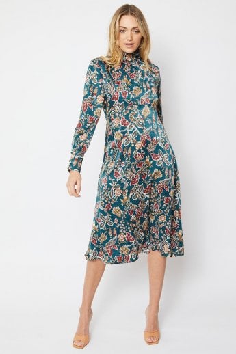 JAYLEY Green Duchess Silk Blend Midi Dress in Floral Print