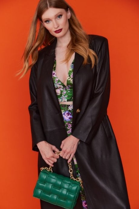 JAYLEY Green Eco Leather Cross Woven Clutch Bag with Gold Chain