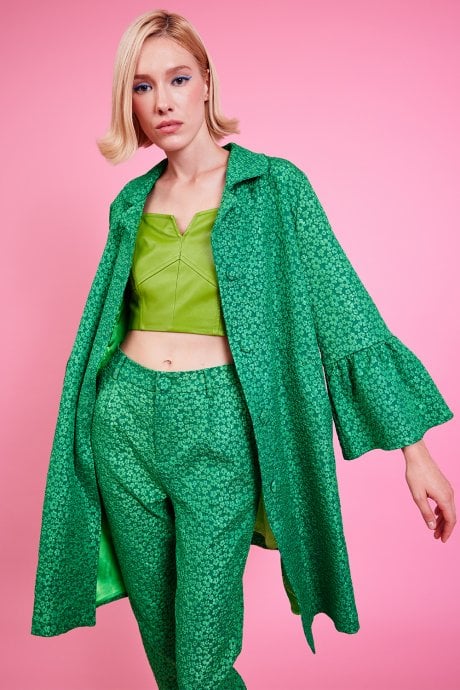 JAYLEY Green Embroidered Trench Coat