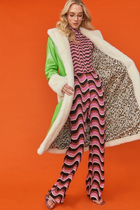 JAYLEY Green Faux Fur And Faux Suede Trench Coat