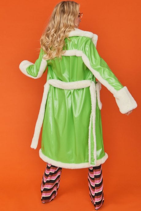 JAYLEY Green Faux Fur And Faux Suede Trench Coat
