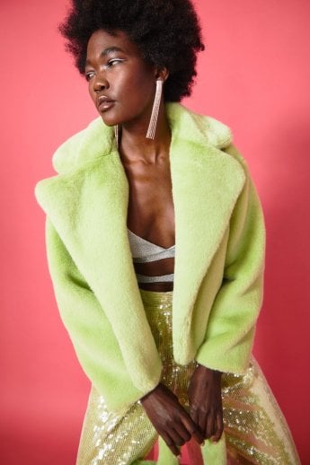 JAYLEY Green Faux Fur Cropped Coat