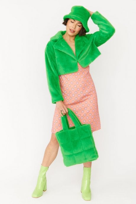 JAYLEY Green Faux Fur Cropped Jacket