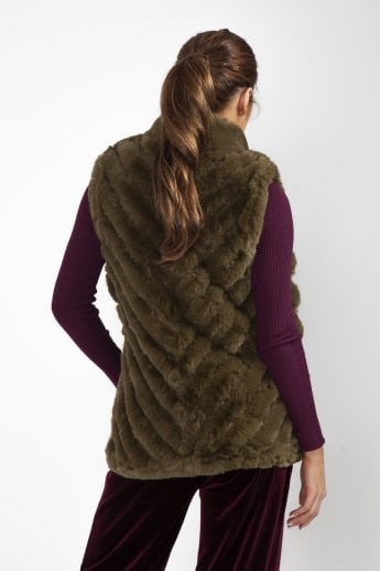 JAYLEY Green Faux Fur Faux Suede Diagonal Stripe Gilet | Waistcoat