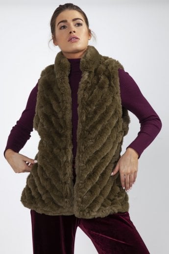 JAYLEY Green Faux Fur Faux Suede Diagonal Stripe Gilet | Waistcoat