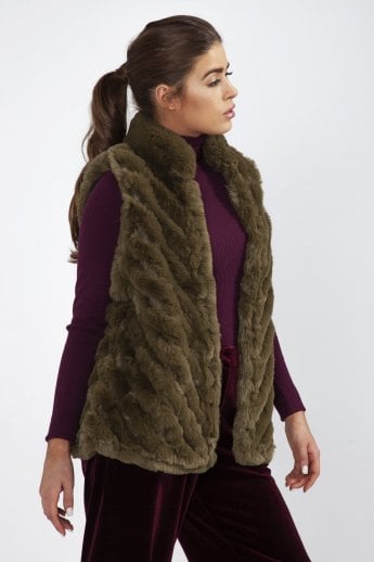 JAYLEY Green Faux Fur Faux Suede Diagonal Stripe Gilet | Waistcoat