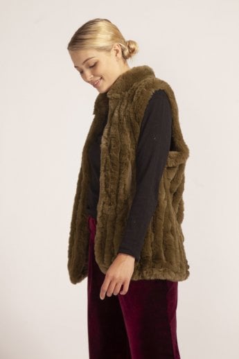 JAYLEY Green Faux Fur Faux Suede Vertical Stripe Gilet | Waistcoat