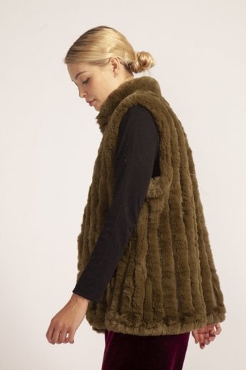 JAYLEY Green Faux Fur Faux Suede Vertical Stripe Gilet | Waistcoat