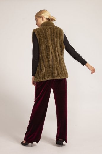 JAYLEY Green Faux Fur Faux Suede Vertical Stripe Gilet | Waistcoat
