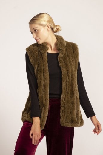 JAYLEY Green Faux Fur Faux Suede Vertical Stripe Gilet | Waistcoat