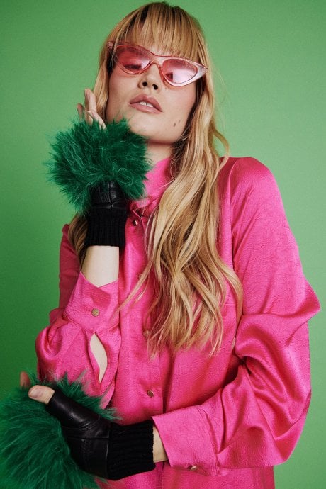 JAYLEY Green Faux Fur Fingerless Gloves