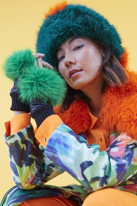 JAYLEY Green Faux Fur Fingerless Gloves