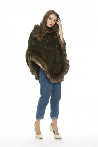 JAYLEY Green Faux Fur Knitted Faux Suede Poncho