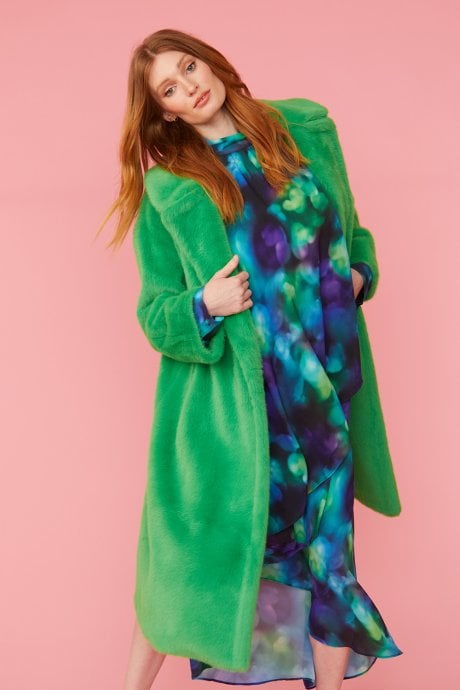 JAYLEY Green Faux Fur Midi Coat