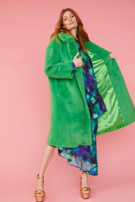 JAYLEY Green Faux Fur Midi Coat