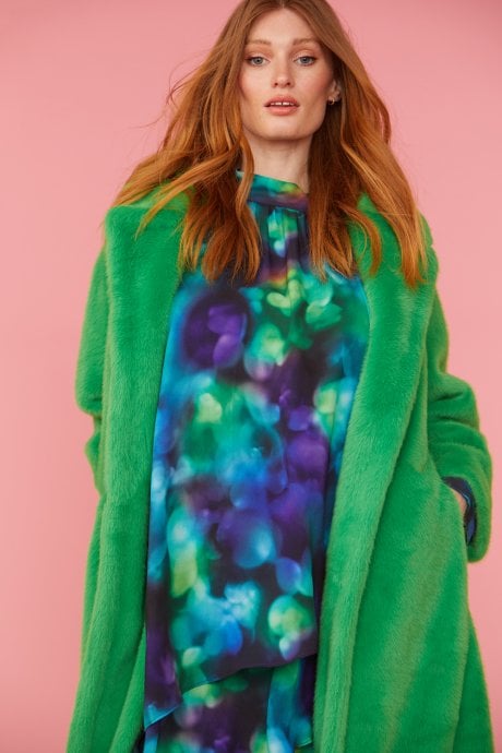 JAYLEY Green Faux Fur Midi Coat