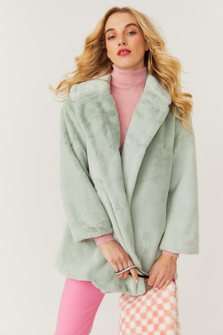 JAYLEY Green Faux Fur Midi Coat