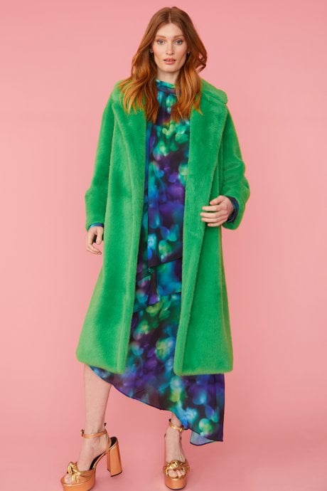 JAYLEY Green Faux Fur Midi Coat