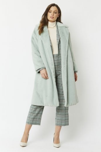 JAYLEY Green Faux Fur Midi Shaved Shearling Coat