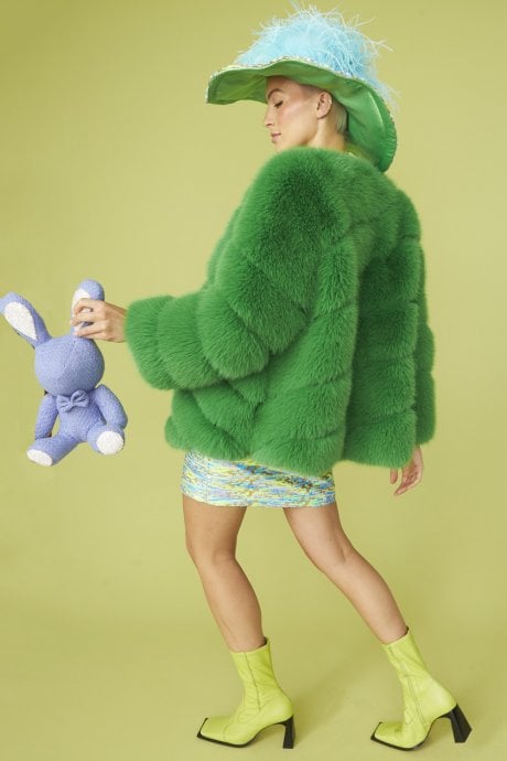 JAYLEY Green Faux Fur Striped Gaga Coat