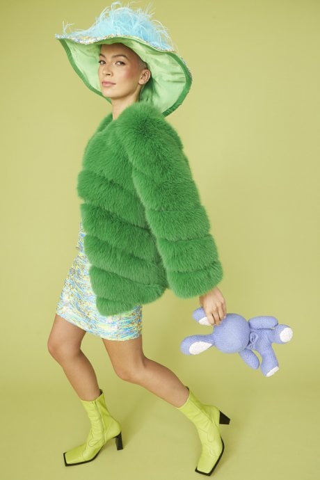 JAYLEY Green Faux Fur Striped Gaga Coat