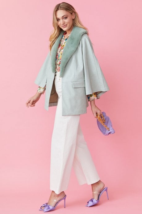 JAYLEY Green Faux Leather Cape Jacket Detachable Collar
