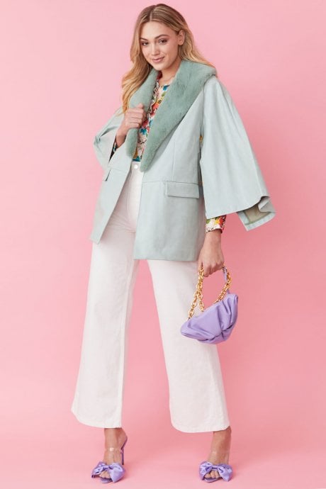 JAYLEY Green Faux Leather Cape Jacket Detachable Collar